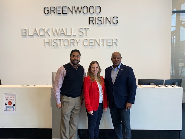 Sen. Kevin Matthews, D-Tulsa, joins Israeli Consul General Livia Link-Raviv and Greenwood Rising interim executive director Phil Armstrong for a tour of Greenwood Rising. 