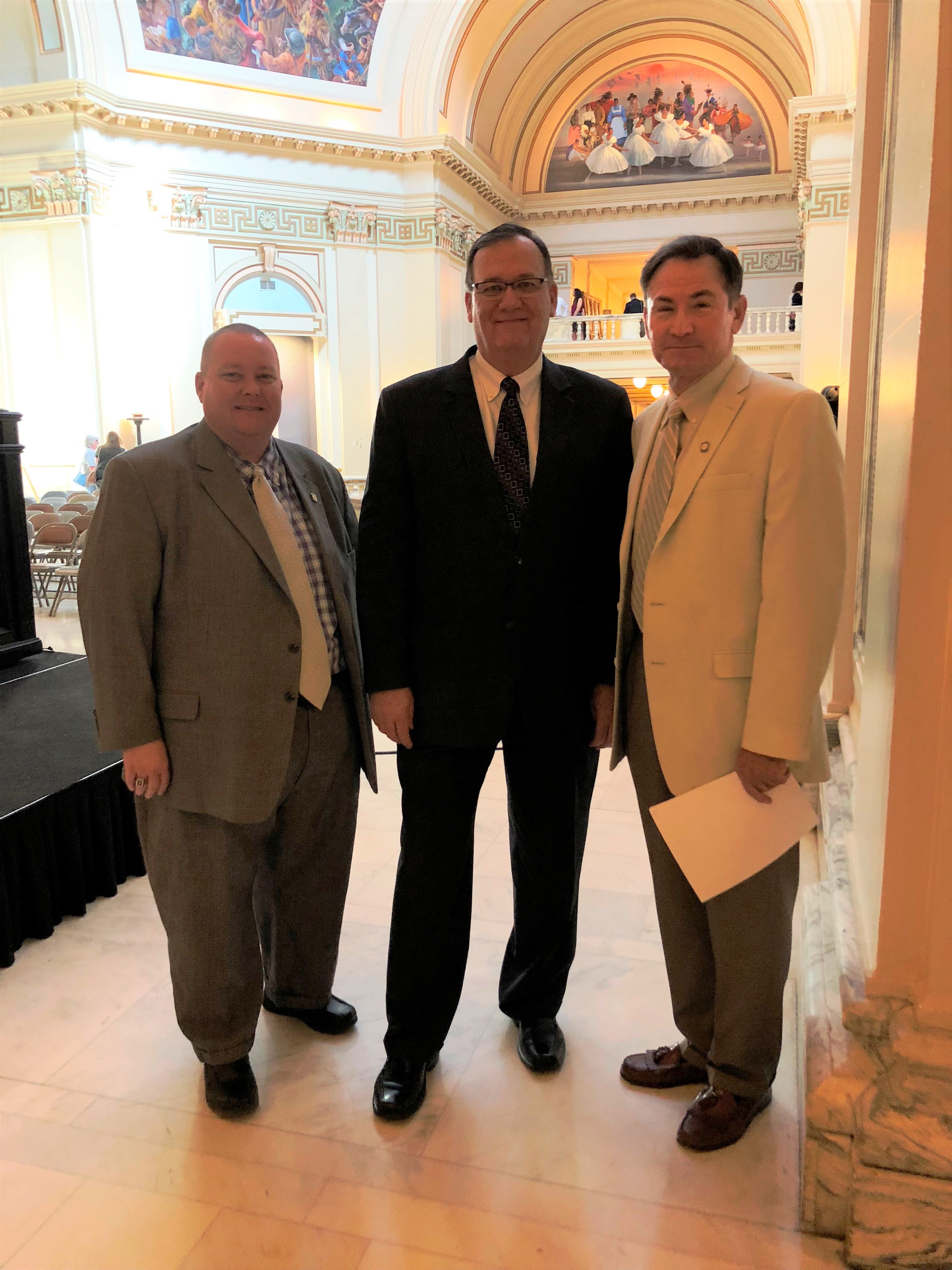 The Senate Health and Human Services Committee confirmed the appointment of Charles E. “Chuck” Skillings of Shawnee to the State Board of Health Monday. He is pictured with Sen. Ron Sharp, who carried his nomination, and Rep. Dell Kerbs both of Shawnee.