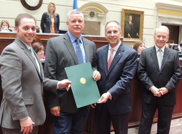 Lawmakers honor storm tracker Mary Logan and News 9’s weather coverage for saving lives during the April 15, 2012 tornado in Woodward. Sen. Bryce Marlatt, R-Woodward, News 9 storm tracker Marty Logan, of Woodward, Rep. Jeff Hickman, R-Fairview, and News 9 chief meteorologist Gary England.