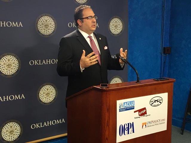 Sen. Loveless discusses his asset forfeiture reforms at a press conference Wednesday at the state Capitol.